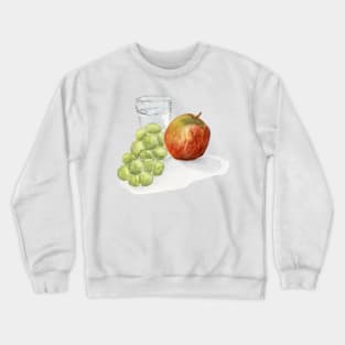 Red Apple, Green Grapes Painting Watercolor Glass of Water, Still life Painting, Art Kitchen Wall Art Crewneck Sweatshirt